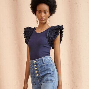 Ulla Johnson Lilo Top in Midnight Blue Ruffle Sleeve Ribbed Knit Tank Small